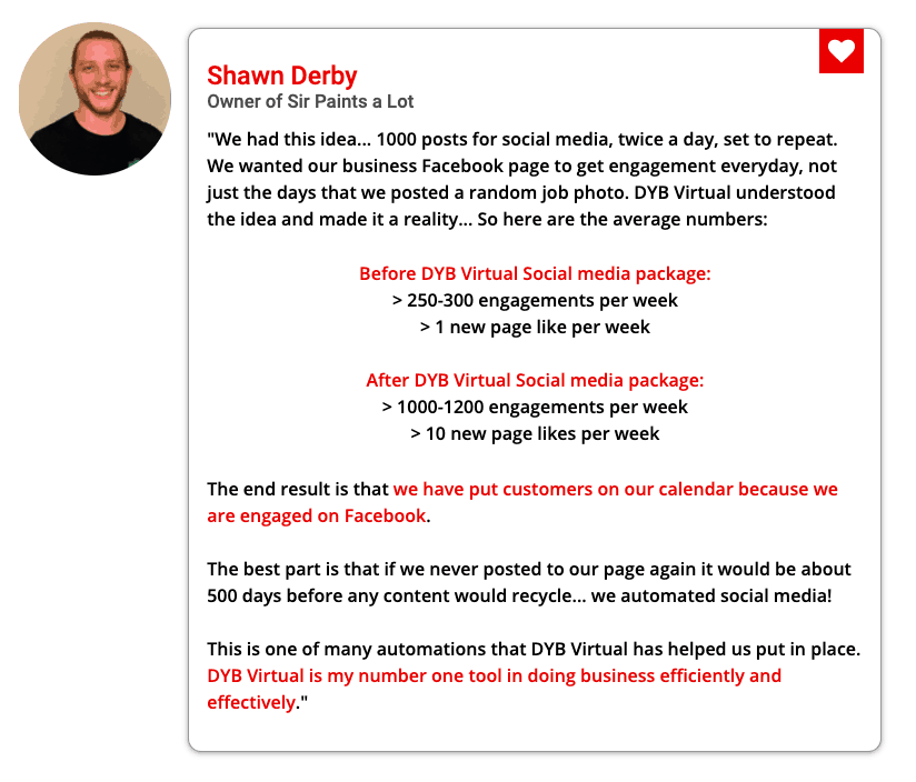 Shawn Derby, Testimonial, Social Media Stats, DYB Virtual Social Media Marketing, Social Media Management for Painting Contractors, Virtual Assistance for Painting Contractors